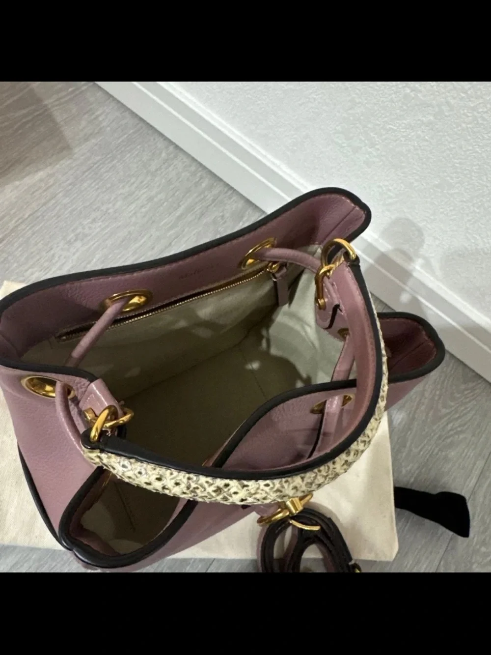 Mulberry Mauve Leather Drawstring Bucket Bag with Braided Handle